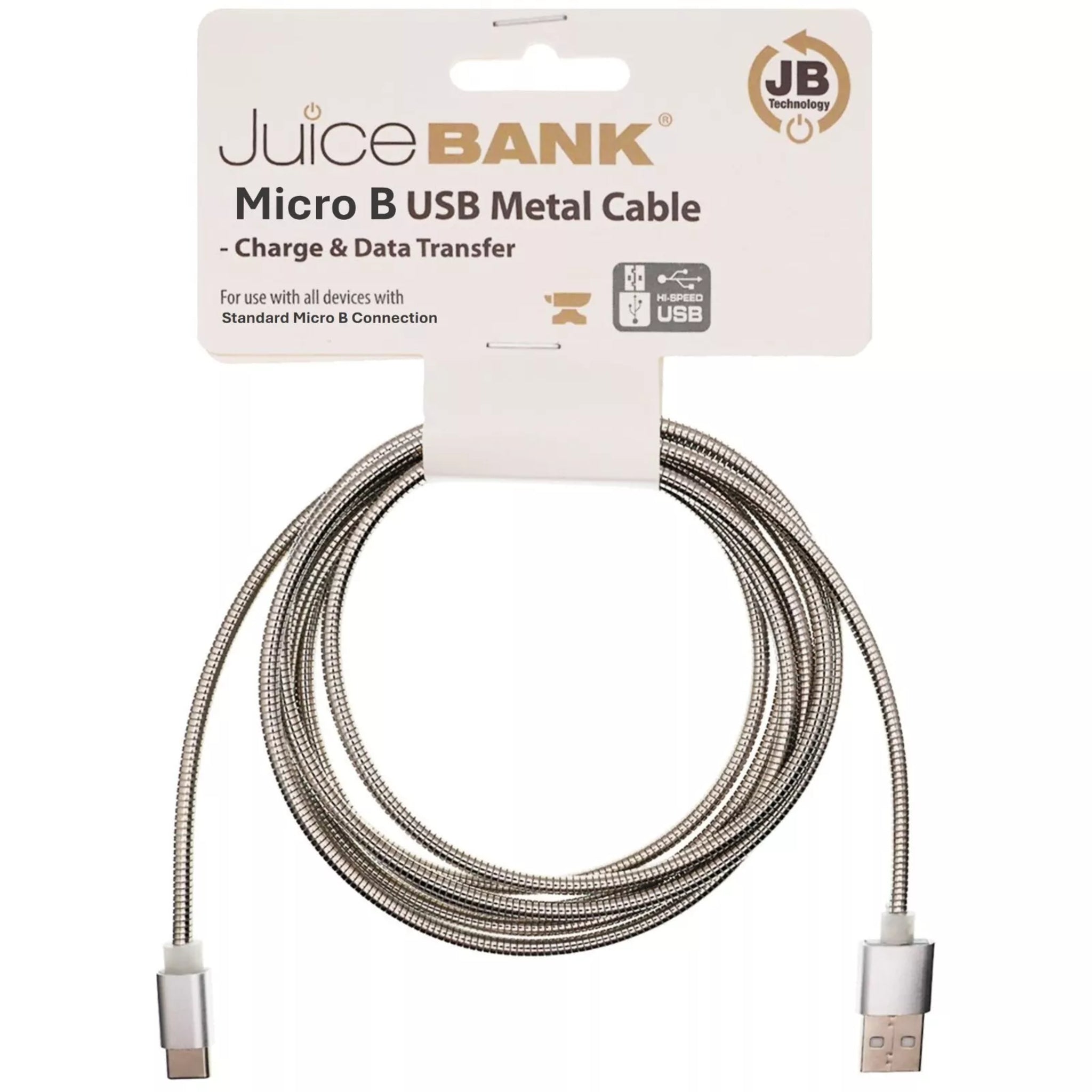 3 pack JuiceBank Micro B USB metal charging cables in chrome – durable braided design for fast charge and data transfer